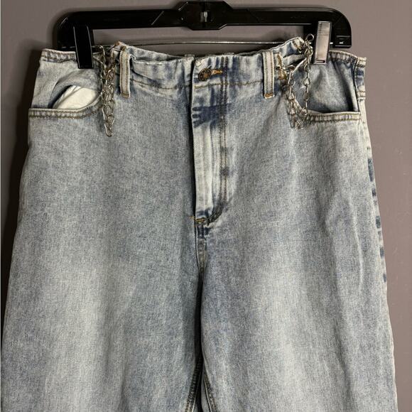 Lioness Acid Washed High Rise Wide Leg Jeans Silver Chain Detail Size Large - Picture 7 of 9